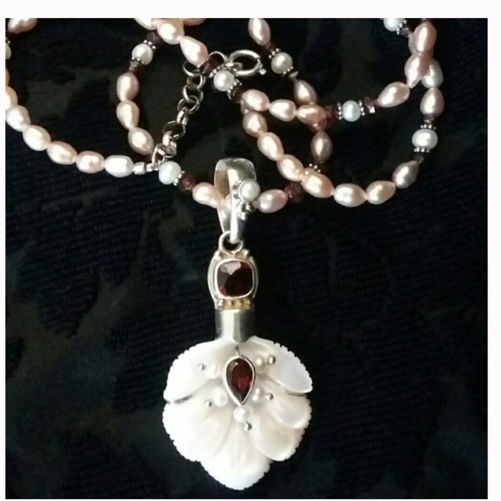 Sajen Stunning Carved MOP Garnet Sterling and Freshwater Pearl Pendent/Necklace